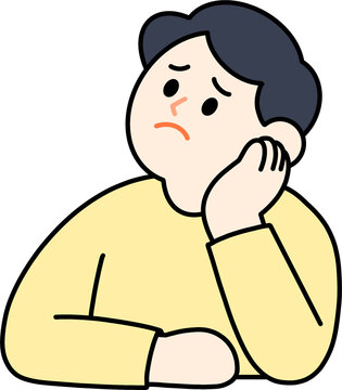 Disappointed and worried young man leaning chin on hand, thoughtful character feeling upset flat vector illustration