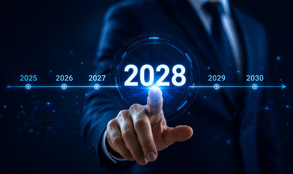 touching virtual 2028 timeline on digital holographic interface for future business planning
