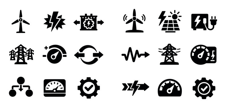Wind energy and power generation icon set with rotating blades energy output power conversion for web design design