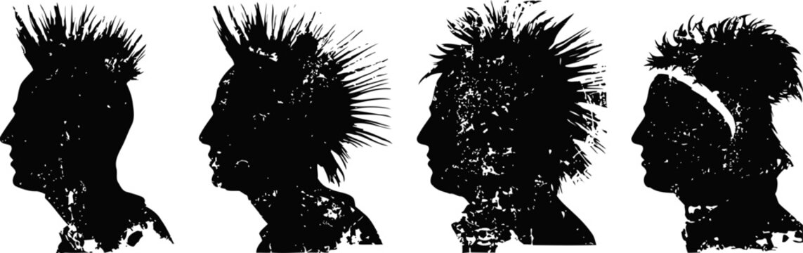 Silhouettes of punk hairstyles spiky mohawks and headband profiles in grunge