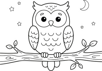 Cute cartoon owl sitting on open book with glasses. Whimsical night study animal character reading for education and knowledge themes.
