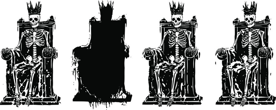 skeleton king sitting on throne with crown dark horror gothic illustration set