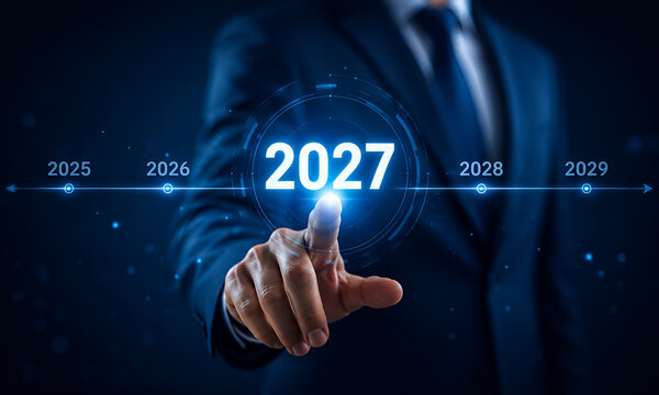 Innovation and future growth concept with businessman selecting 2027 milestone on glowing virtual timeline interface