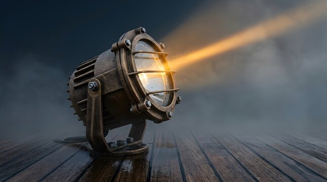 Vintage industrial spotlight, marine searchlight and beam on wet wooden deck at night for film, production and theater. Antique bronze lamp, stage lighting and atmosphere for cinema, vision, art and 