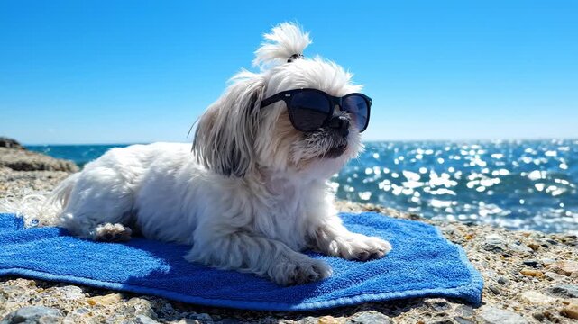 Adorable shih tzu dog wearing sunglasses on beach towel at the seaside under clear blue sky with sparkling ocean water