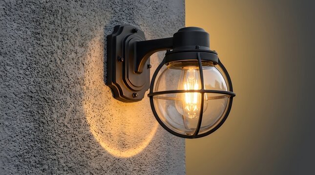 Outdoor wall light, lamp and porch lighting on exterior house wall for home security, safety and evening atmosphere. Industrial lantern, sconce and glowing bulb in garden with metal cage and shadow