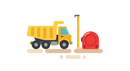 A yellow dump truck stands beside an upright red measuring tape in this clean, flat vector illustration of construction equipment. © Ohim