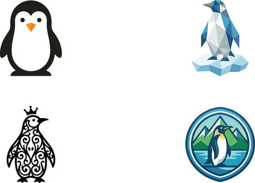 Four distinct penguin simple, geometric, ornate, and emblem-style low poly