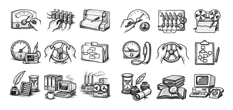 Forgotten technologies and manual processes icon set with calibration tool switch paper for mobile design in sketch style