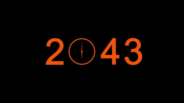 abstract white 2043 with clock symbol in black background.