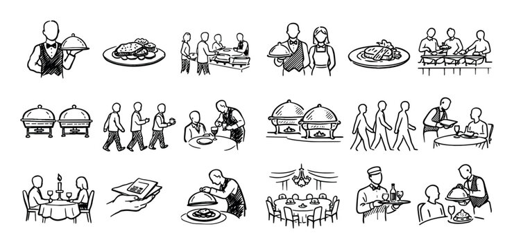 Catering and hospitality concept icons with guest flow table service and event dining for branding projects in hand-drawn sketch illustration