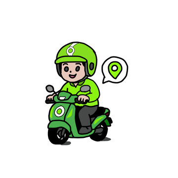 Vektor atau ilustrasi seorang pria memakai jaket dan helm hijau mengendarai motor matic hijau. Konsep ojek online Indonesia