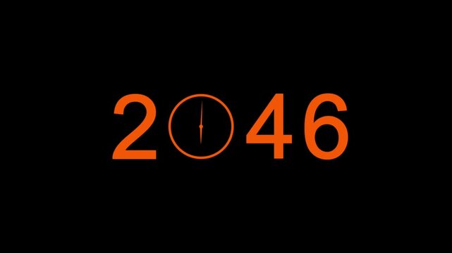 abstract white 2046 with clock symbol in black background.