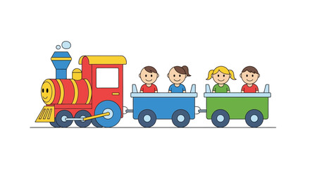 Naklejka premium Cartoon Children Riding a Colorful Toy Train