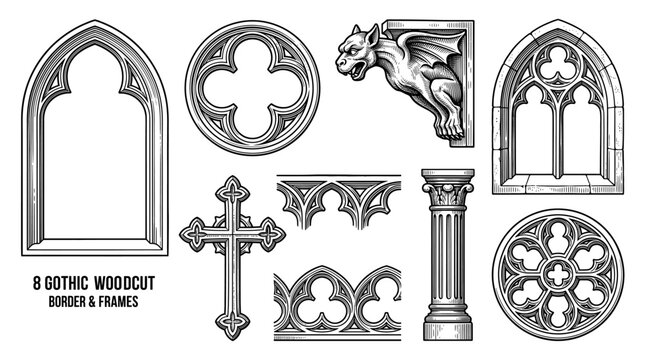 Gothic Architecture Woodcut Style Illustration Set including Windows, Gargoyle, Cross, Column, and Decorative Borders