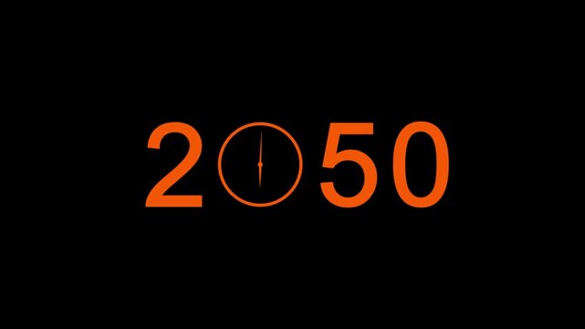 abstract white 2050 with clock symbol in black background.