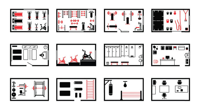 Gym Facility Layout Icon Set with Workout Areas, Locker Room and Fitness Room Vector Icons