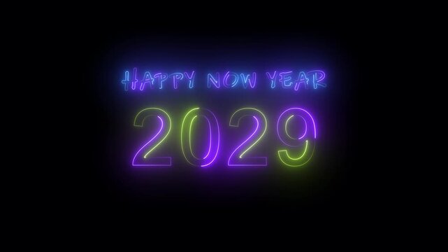 Futuristic Glowing Neon Light Happy New Year 2029 Text. The Falling Snow Star on black Background.
