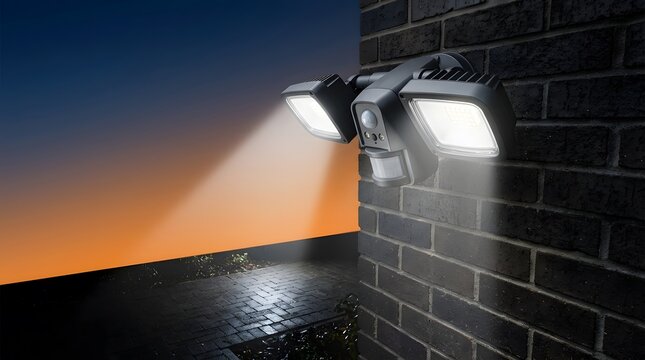 Security floodlight, motion sensor and outdoor wall lamp at night for home protection, safety and surveillance. Led lighting, property guard and illumination for brightness and residential systems.