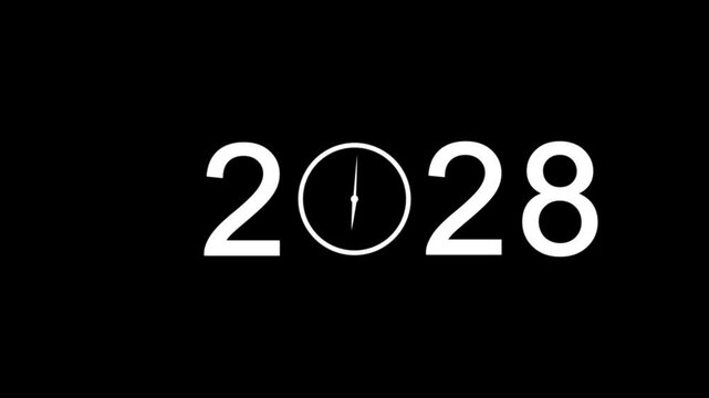 abstract white 2028 with clock symbol in black background.