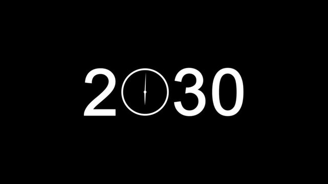 abstract white 2030 with clock symbol in black background.