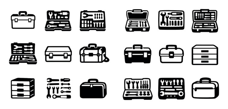 Mechanic tools and storage design icons with molded tray, portable box and secure latches for user interface design in hand drawn style