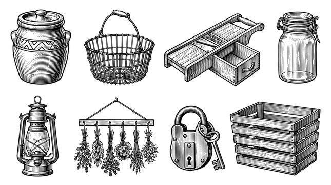 Collection of Vintage Rustic Household Objects in Engraving Style
