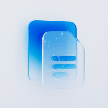 3D glassmorphism document text icon with blue lines on white background.