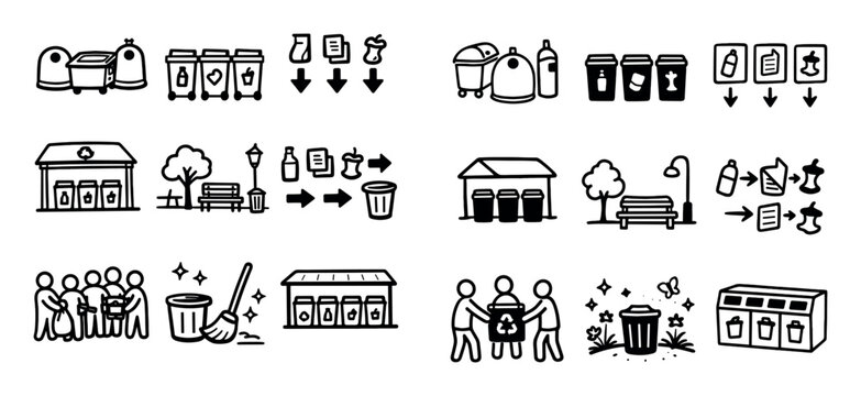 Waste management and public services icon set with community effort disposal order and public area for dashboard design in hand drawn cartoon style
