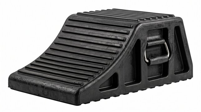 Heavy duty black rubber wheel chock with metal handle for vehicle safety and parking isolated white background