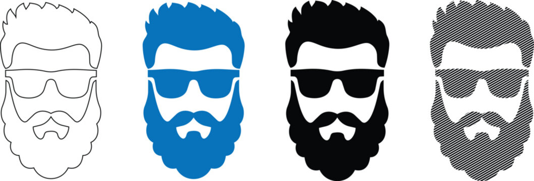 Set of four hipster beard man head silhouettes in different graphic styles for creative design vector.
