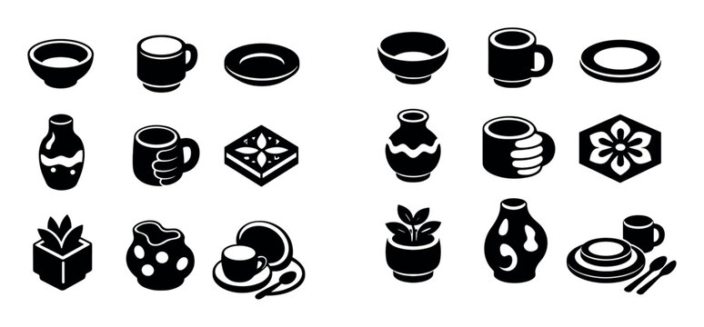 Handmade ceramics and pottery vector icons with pottery cup glazed vase and ceramic planter for user interface design in isometric vector art