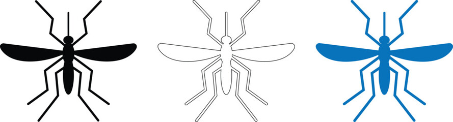 Mosquito vector illustration icons showing pest insect in black silhouette outline and blue graphics. © MD