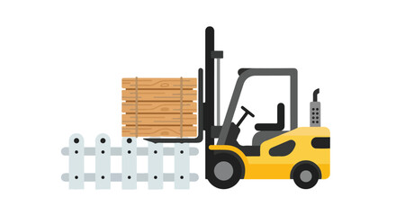 Naklejka premium Yellow forklift truck carrying a heavy stack of wooden planks above a white picket fence, isolated on a plain white background.
