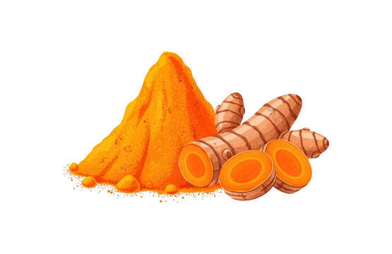 Heap of bright orange turmeric powder with roots and slices, aromatic spice