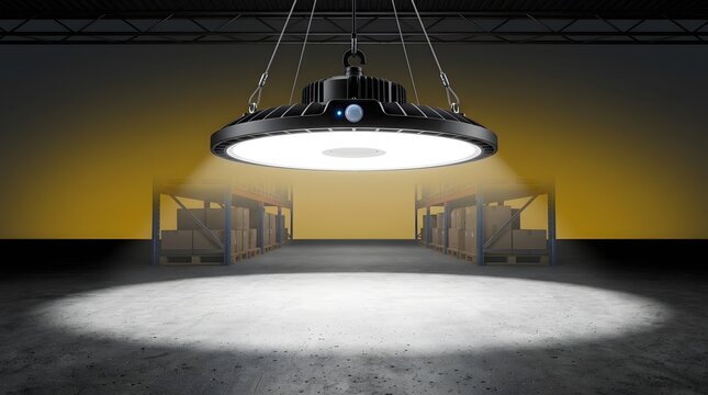 Warehouse LED lighting for industrial storage and logistics facility with bright high bay lamp. Electrical equipment, energy efficiency and commercial visibility with ceiling light and interior room