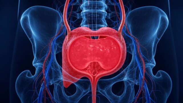 Detailed 3D illustration of human urinary bladder with pelvis and blood vessels anatomy