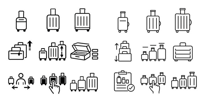 Travel sizes and luggage selection icon set with carry on medium and large suitcases for mobile app design in glyph style
