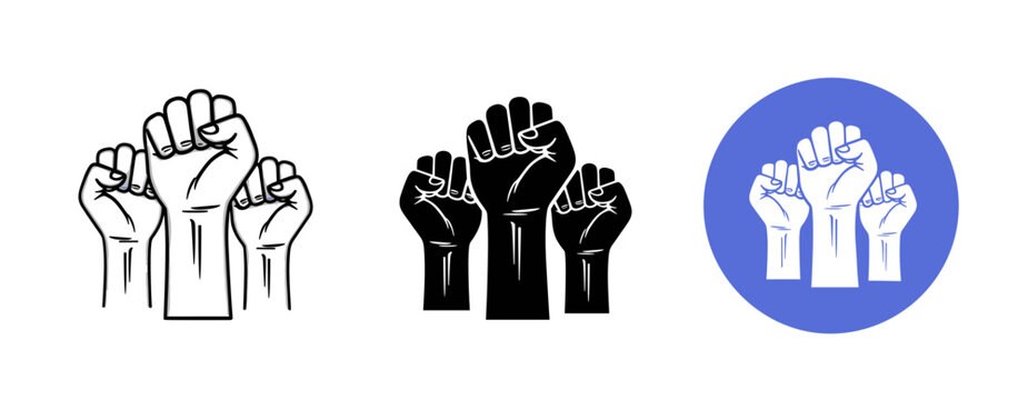 Three stylized raised fists: unity and strength symbols in black, white, and blue variants