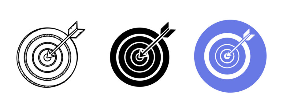 Three target icons featuring arrow: sketch, solid, color variations on white background