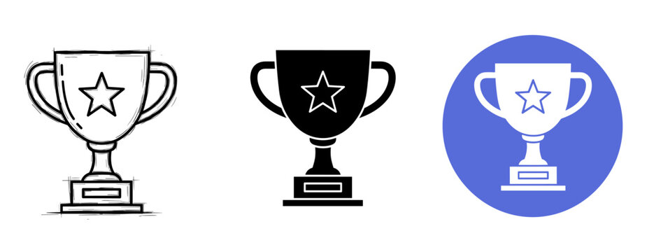 Trophy icon set: hand-drawn, silhouette, and digital designs with stars