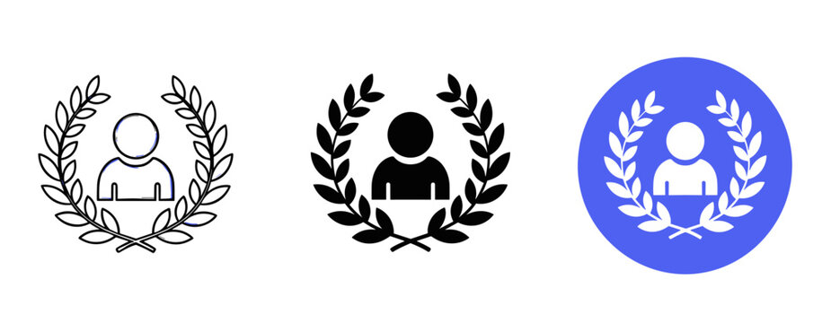 Icon set: award laurel wreath with human figure in outline, solid, and blue background versions