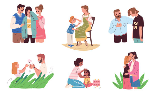 Parental support. Parents teach talk kid, mother hug cry child dad explain sad son happy family together communicate teen adult children care help love classy vector illustration