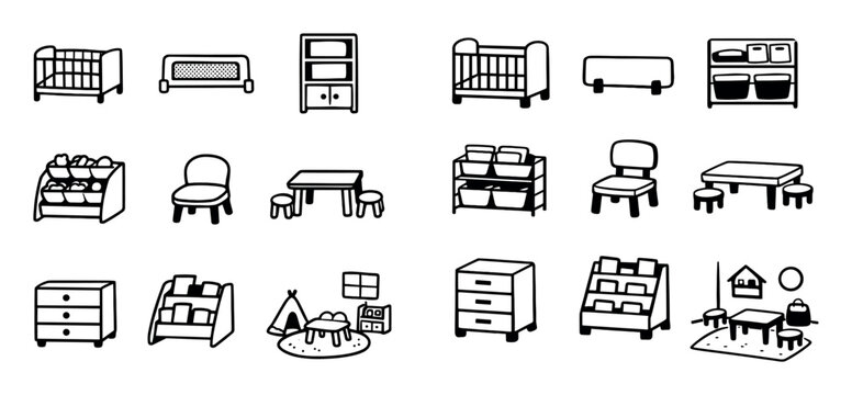 Kids furniture and baby essentials design icons with crib safety rail and storage shelf for dashboard design in hand drawn doodle style