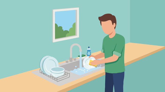 Man washing dishes in a kitchen sink, performing daily housework chores