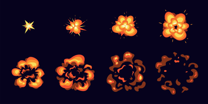 Bomb explosion animation. Explode blast effect comic boom fire smoke cloud burst sequence dynamite attack nuclear war damage sprite sheet frame game qualitative vector illustration