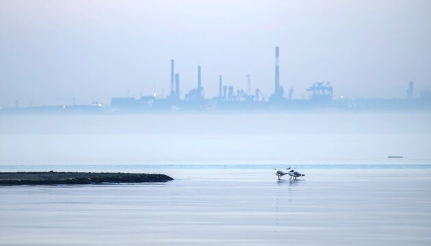 A hazy industrial landscape with a body of water and a distant factory