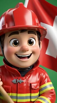 Cheerful firefighter proudly waving a giant Swiss flag in a looping Swiss National Day green screen animation