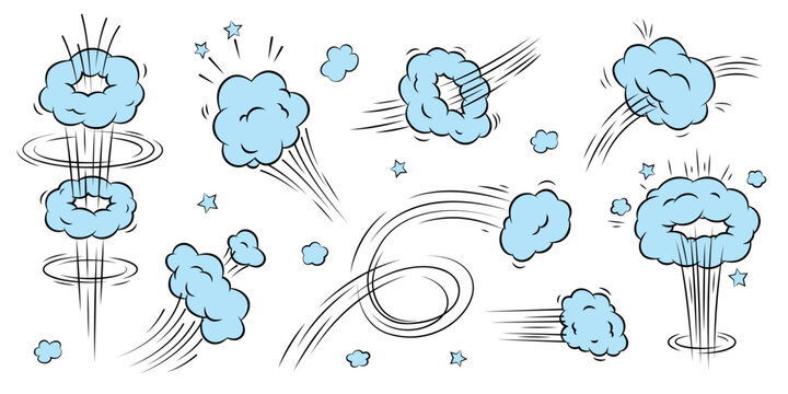 Comic jump motion effect. Cartoon speed run smoke cloud, wind fast poof puff whoosh dust air bubble fly ring trail boom bang doodle smelly gas jet qualitative vector illustration