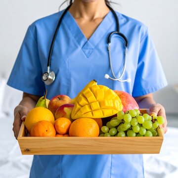 A healthcare worker holds a wooden tray of fresh fruit
